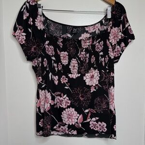 Vintage Y2K Floral Smocked Blouse Top NO Size Stretchy Black Pink Unlined